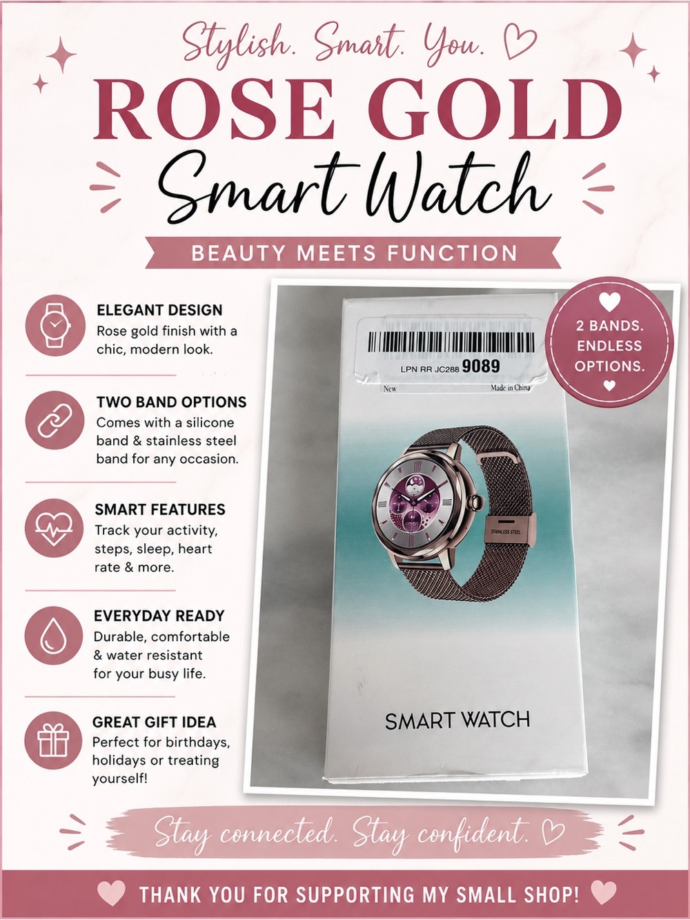 Smart watch. Rose Gold Smart Watch with Silicone and Stainless Steel Bands